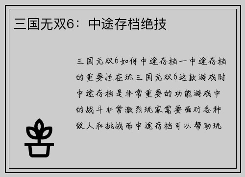 三国无双6：中途存档绝技